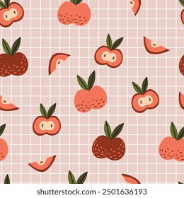 Patrón sin fisuras de manzanas. Frutas sobre fondo de rejilla rosa. 
