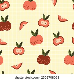 Patrón sin fisuras de manzanas. Frutas sobre fondo amarillo claro de la rejilla. 