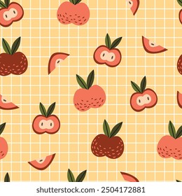 Patrón sin fisuras de manzanas. Frutas sobre fondo de rejilla amarilla. 