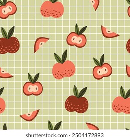 Seamless Pattern of Apples. Fruits on Green Grid Background. 