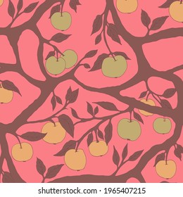 Seamless pattern of apples in the garden. Hand drawn illustration. Print for fabric, textiles, wallpaper, flower paper and others. Vector illustration