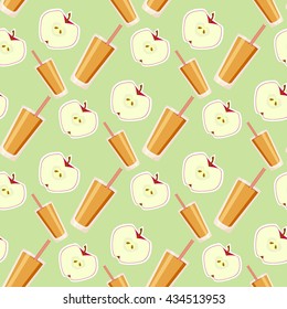 Seamless pattern with apples and Glass on the green background. Vector illustration. Fruity patterns collection.Background for menu cookbook.