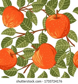 Seamless pattern of apples with green leaves flat vector illustration on white background with brown branches