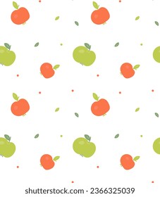 Seamless pattern of apples in with green leaves on white background. Cute hand-drawn vector illustration.