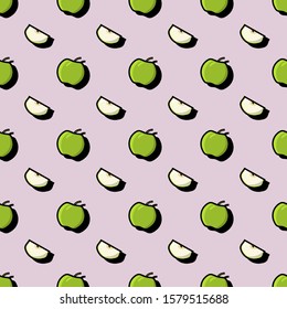 Seamless pattern with apples. Green apples on pink pastel background. Endless vector background with autumn fruits. Fall harvest Design for kitchen or garden print, fabric, textile, texture. 