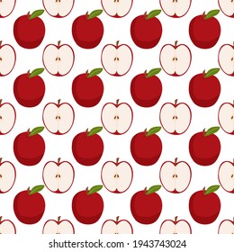 Seamless pattern with apples and its half. Fruit on a white background. Organic and eco. Drawn by hands. It can be used for printing on textiles, wallpapers.