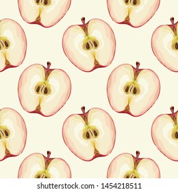 Seamless pattern with apples. Half a ripe apple. Summer background. Print, modern design of textiles, wallpaper, wrapping paper, banner, poster, promotional material. Vector illustration.