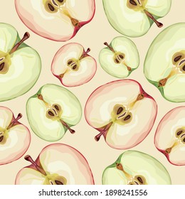 Seamless pattern with apples. Half a ripe apple. Summer background. Print, modern design of textiles, wallpaper, wrapping paper, banner, poster, promotional material. Vector illustration.