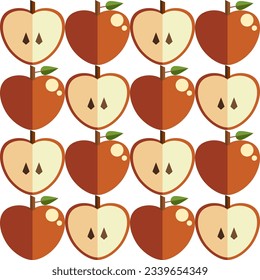 Patrón sin foco con manzanas, mitades en formas cardíacas, hojas verdes y semillas marrones sobre fondo blanco. Los conjuntos como impresión de tela, papel pintado, todas las piezas son editables. 