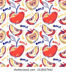 Seamless pattern with apples and hand written lettering. Bright Fruit background. Line doodle style. Vector print for fabric, textile, wrapping and wallpaper.