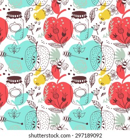 Seamless pattern with apples and honey. Hand drawing vector illustration