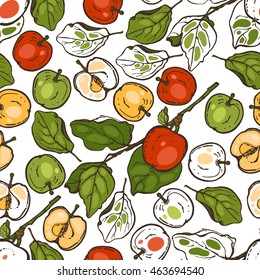 Seamless pattern with apples for the kitchen. Red, yellow and green apples on a branch. Fruit. Food. Hand drawn.