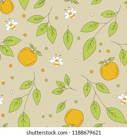 Seamless pattern with apples, leaves and bees. Vector illustration. Can be used for wallpaper, pattern fills, textile, web page background, surface textures.