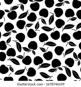 Seamless pattern: apples with leaves, black and white. Vector image
