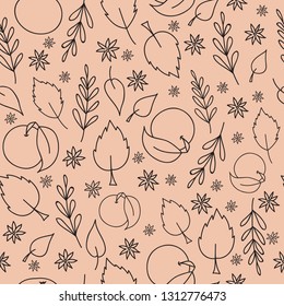 Seamless pattern with apples, leaves and cinnamon. 