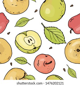 Seamless pattern with apples and leaves. Different apples on white background. Colorful vector illustration in sketch style.