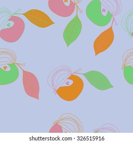 Seamless    pattern  of apples, leaves, ellipses, spots, hole. Hand drawn.