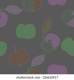 Seamless    pattern  of apples, leaves, ellipses, spots,stripes. Hand drawn.