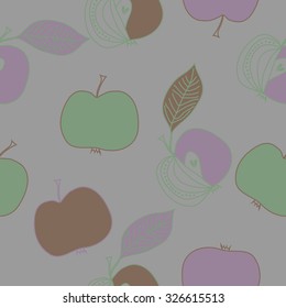 Seamless    pattern  of apples, leaves, ellipses, spots,stripes. Hand drawn.