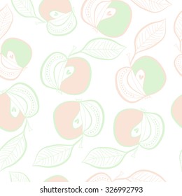 Seamless pattern of apples, leaves, ellipses, spots,stripes. Hand drawn.