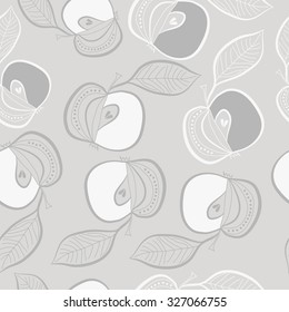 Seamless pattern of apples, leaves, ellipses, spots,stripes. Hand drawn.