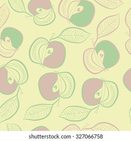 Seamless pattern of apples, leaves, ellipses, spots,stripes. Hand drawn.