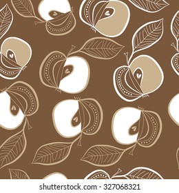 Seamless pattern of apples, leaves, ellipses, spots,stripes. Hand drawn.