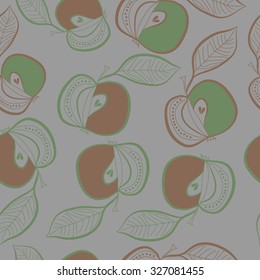 Seamless pattern of apples, leaves, ellipses, spots,stripes. Hand drawn.