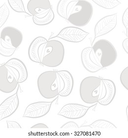 Seamless pattern of apples, leaves, ellipses, spots,stripes. Hand drawn.