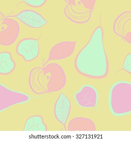 Seamless pattern of apples, leaves, ellipses, spots,stripes, pears. Hand drawn.
