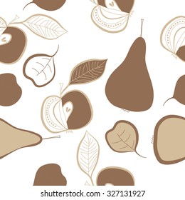 Seamless pattern of apples, leaves, ellipses, spots,stripes, pears. Hand drawn.
