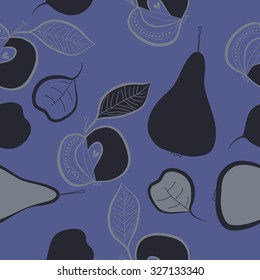 Seamless pattern of apples, leaves, ellipses, spots,stripes, pears. Hand drawn.