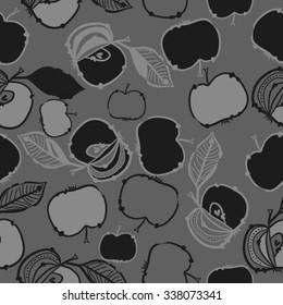 Seamless    pattern  of apples, leaves, ellipses, spots, hole. Hand drawn.