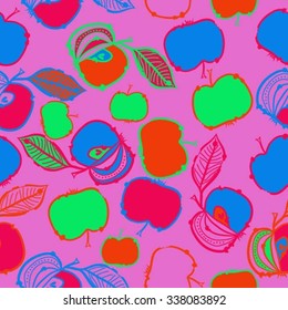Seamless    pattern  of apples, leaves, ellipses, spots, hole. Hand drawn.