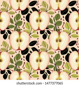Seamless pattern with apples and leaves. Half a ripe apple. Wallpaper, print, wrapping paper, modern textile design. Vector illustration.