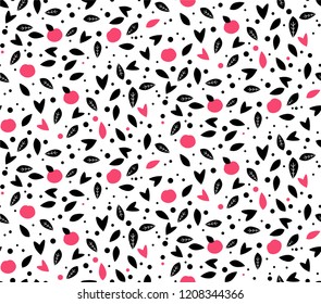 Seamless pattern with apples, leaves and hearts.