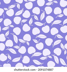 Seamless pattern with apples and leaves on a red-purple background.	