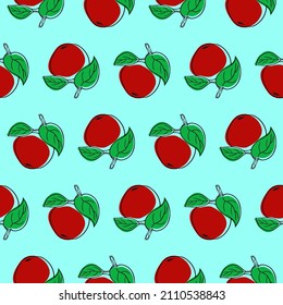 Seamless pattern of apples with leaves on a blue background. A red apple on a branch. For the design of fabric, packaging, paper.