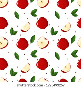 Seamless pattern with apples, leaves and seeds. Whole, slices and slices of apples on white background. Pattern for Rosh Hashana banner