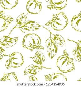 Seamless pattern with apples and leaves. Stylized hand drawn fruits.