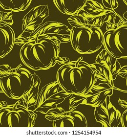 Seamless pattern with apples and leaves. Stylized hand drawn fruits.