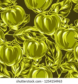 Seamless pattern with apples and leaves. Stylized hand drawn fruits.