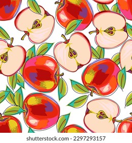 Seamless pattern with apples and leaves. A whole apple and half a fruit. Bright colorful fruits on a white background. Hand drawn in sketch style. Cartoon design. Vector illustration.