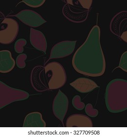 Seamless    pattern  of apples, leaves,cherries, ellipses, spots,stripes, pears. Hand drawn.