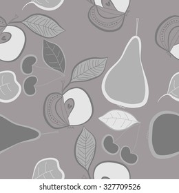 Seamless    pattern  of apples, leaves,cherries, ellipses, spots,stripes, pears. Hand drawn.