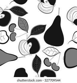 Seamless    pattern  of apples, leaves,cherries, ellipses, spots,stripes, pears. Hand drawn.