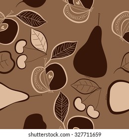 Seamless    pattern  of apples, leaves,cherries, ellipses, spots,stripes, pears. Hand drawn.