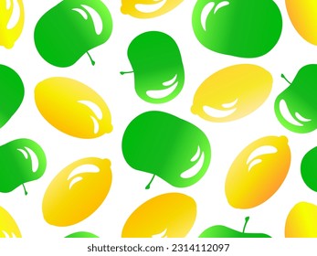 Seamless pattern with apples and lemons with light reflection. Summer fruit mix with lemon and apple in 3d style. Design for printing on paper and fabric, banners and posters.Vector illustration