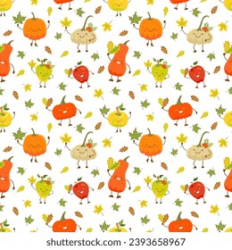 Seamless pattern with apples and maples in kawaii style. Vector color illustration on the white background.