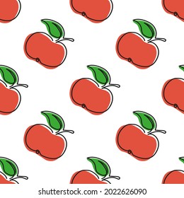 Seamless pattern with apples in minimal line style. Black linear art on white background with colorful spots. Fruit background for wallpaper, wallpaper, printing,  cover, textile, fabric, package, bac